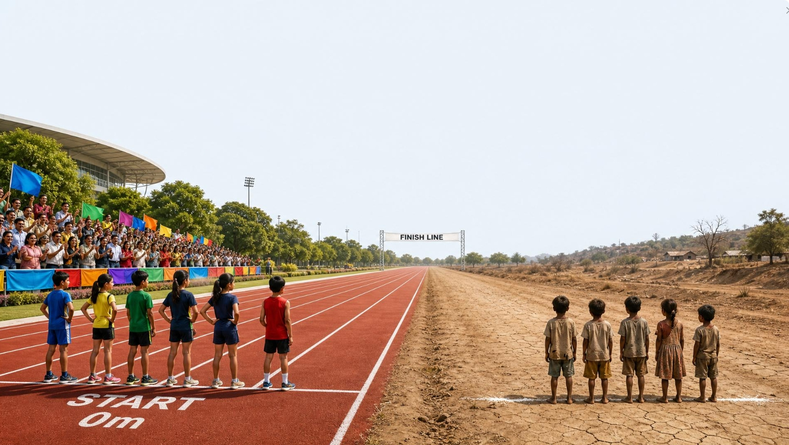 Children at the starting line and the finish line